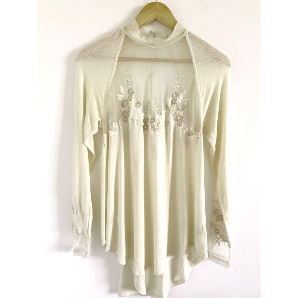 Free People XS Sheer Mesh Jersey Blouse Lace Flowy Ethereal Feminine Fairy Soft